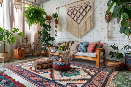   A chic  bohemian living room with layered rugs  a mix of colorful cushions  and macram  C  wall hangings. Wooden furniture and lush green plants complete the look.