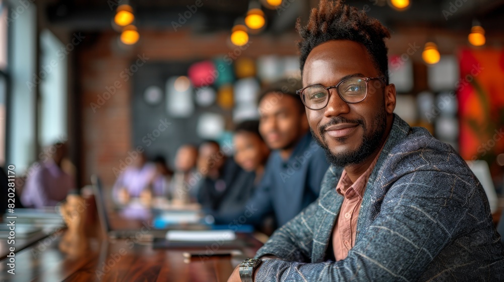 an experienced black entrepreneur mentoring a diverse group of young professionals in a modern boardroom, with tech gadgets and motivational quotes for leadership development an experienced black entrepreneur mentoring a diverse group of young professionals in a modern boardroom, with tech gadgets and motivational quotes for leadership development