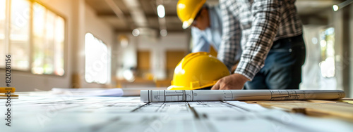 Group of Architects and Designers Discussing Construction Project with Blueprints