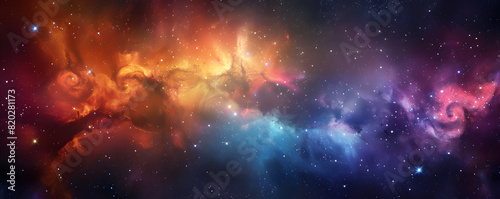 Breathtaking panoramic view of a colorful space nebula with starry details photo