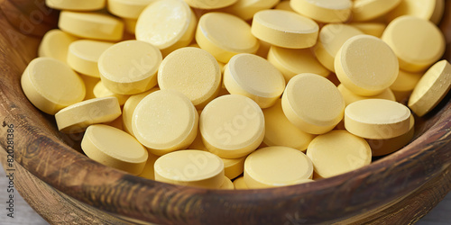 Healthful Remedies: Organic Wooden Bowl with Neatly Arranged Yellow Tablets Awaiting Consumption