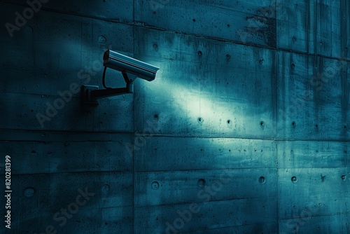 A color photo of an AI-powered security camera mounted on a wall, ensuring constant surveillance and protection. The sleek design and advanced technology highlight its efficiency in monitoring spaces.