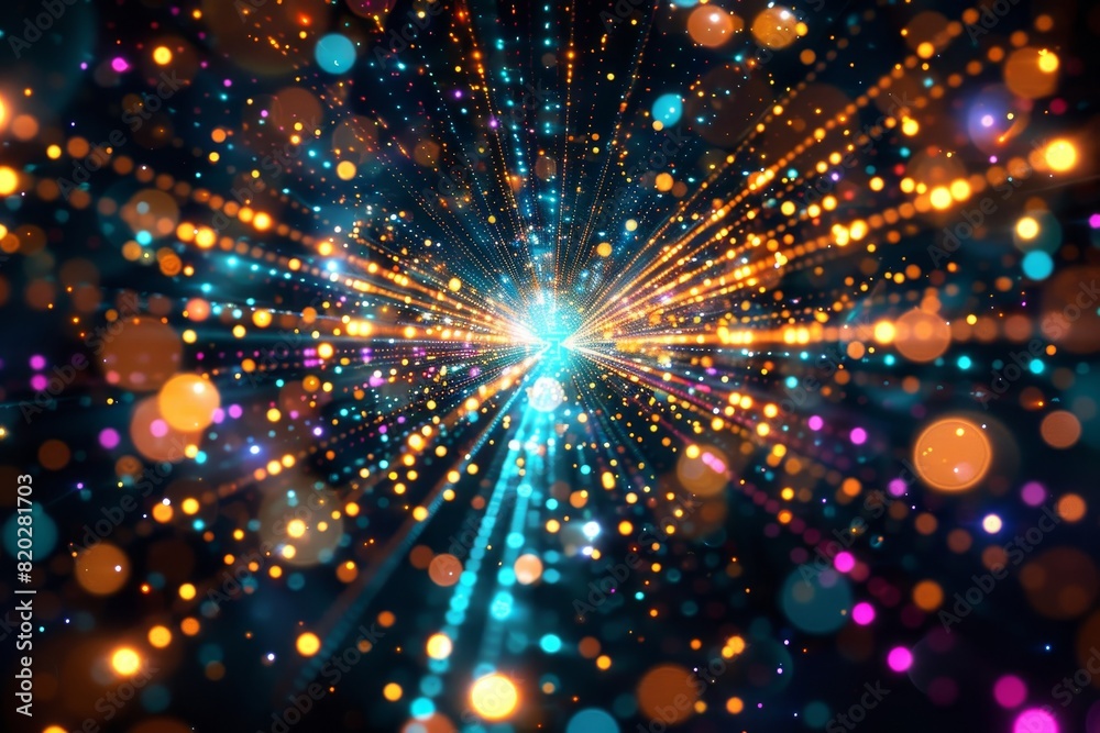 Abstract background featuring a vibrant multicolor spectrum with neon orange and blue rays and colorful glowing lines. Abstract background featuring a vibrant multicolor spectrum with neon orange and blue rays and colorful glowing lines.