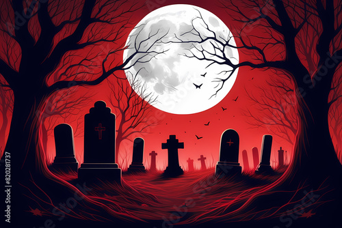 Enter a spooky Halloween scene: a moonlit graveyard captured in an eerie illustration, evoking a haunting atmosphere. photo