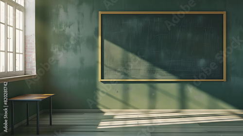 Empty classroom with blackboard and sunlight