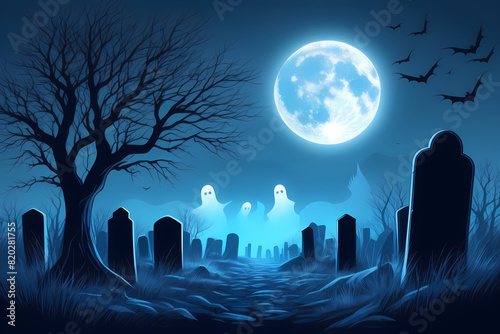 Enter a spooky Halloween scene: a moonlit graveyard captured in an eerie illustration, evoking a haunting atmosphere. photo