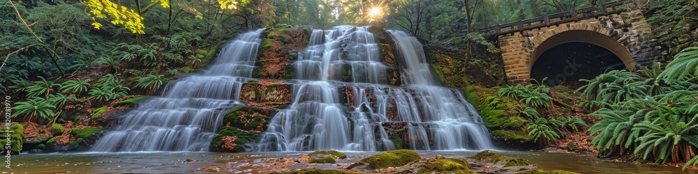 Majestic multi-tiered waterfall cascading through a lush, green forest next to an ancient stone archway at sunrise Majestic multi-tiered waterfall cascading through a lush, green forest next to an ancient stone archway at sunrise