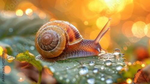 garden creature movement, a tiny snail leisurely moving across a leaf, leaving a glistening mucin trail in its wake photo