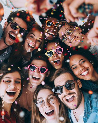 a fun group selfie, with everyone smiling and posing together, with props like heart-shaped sunglasses or confetti for added flair