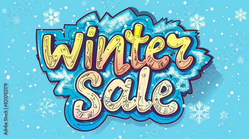block text winter sale pop art comic style, blue cold background, snow flakes, retail, shopping concept photo
