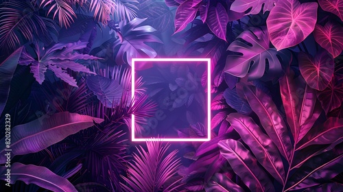 A vibrant and colorful tropical setting with a myriad of leaves, ranging from ferns to palms. The leaves exhibit a spectrum of hues, from deep purples and blues to bright pinks and greens photo