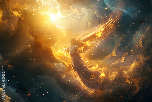 Ethereal angelic figure among celestial clouds