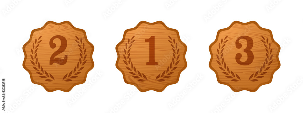 Set of medals for first second and third place. 1st 2nd 3rd wooden medal icons Vector illustration Set of medals for first second and third place. 1st 2nd 3rd wooden medal icons Vector illustration