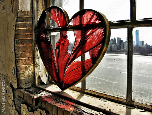 Heart-Shaped Stained Glass Art in Abandoned Building Overlooking New York City