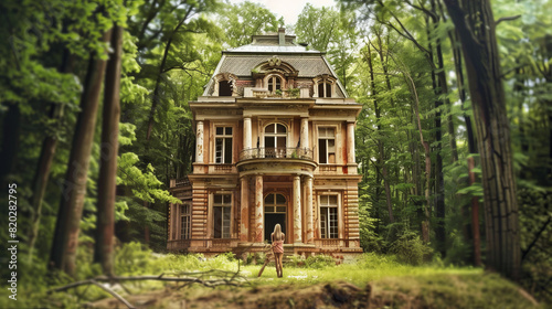 Woman Standing Before an Abandoned Mansion in the Forest