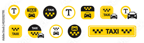 Taxi service icon set. Taxi car map pin mark. Yellow signs of taxi stop place. Vector ESP 10