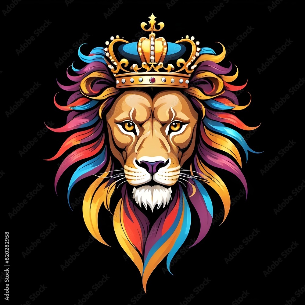 Lion Head with Bold Gradient Colors wearing crown on black Lion Head with Bold Gradient Colors wearing crown on black