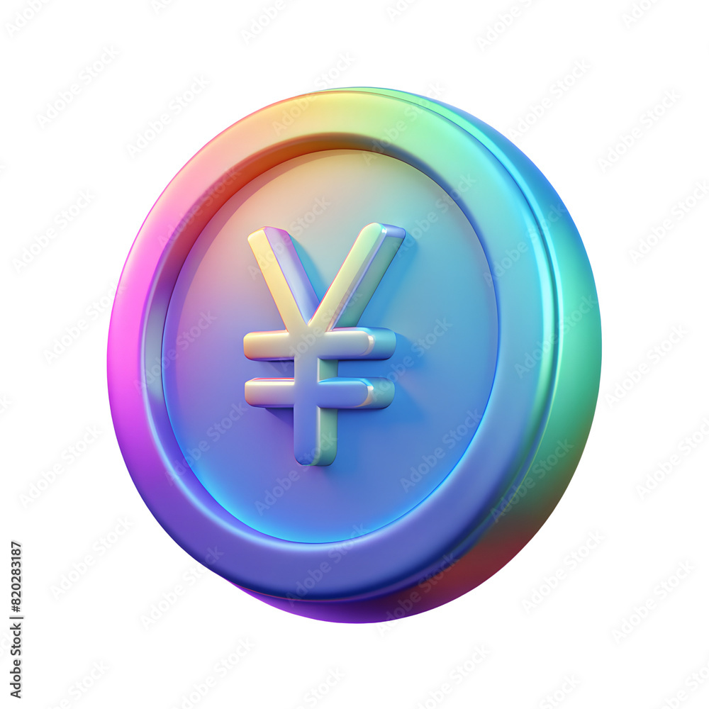 Fototapeta premium Holographic Chinese yuan coin cash money. 3D icon with transparent PNG background 