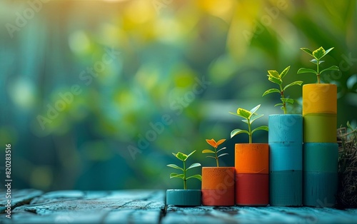 Colorful stacked cylinders with small plants symbolizing growth, progress, sustainability, and business development in a natural setting.