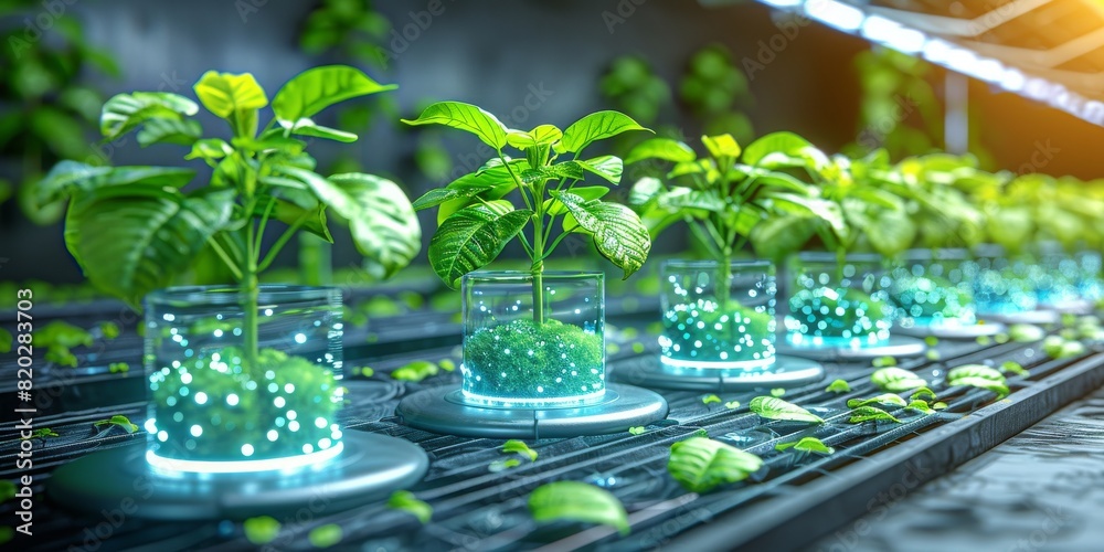 High-tech hydroponic garden with vibrant green plants thriving under ...