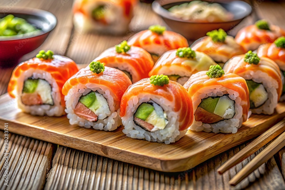 AI generated illustration of assorted sushi with salmon, broccoli, cucumbers AI generated illustration of assorted sushi with salmon, broccoli, cucumbers