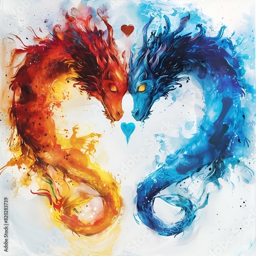 a couple of blue and red dragon on white paper with heart shaped hearts photo