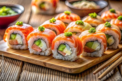 AI generated illustration of assorted sushi with salmon, broccoli, cucumbers photo