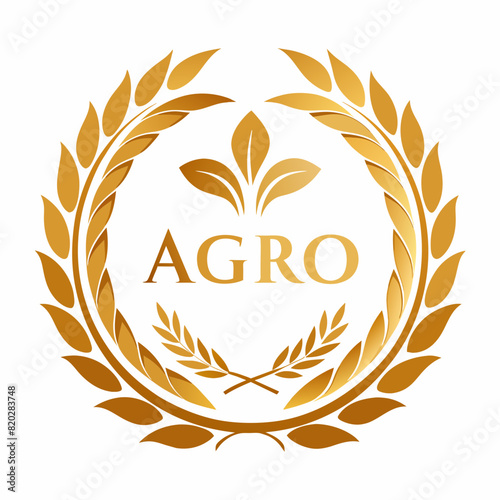 a fragile gold ''Agro'' logo with an ornament, in the Baroque style, framed by a laurel wreath - white background
