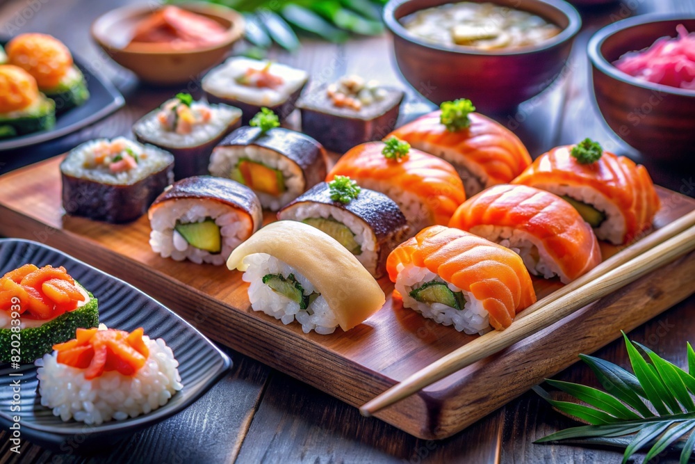 AI generated illustration of a lot of sushi rolls with salmon, nearby wasabi and soy sauce AI generated illustration of a lot of sushi rolls with salmon, nearby wasabi and soy sauce