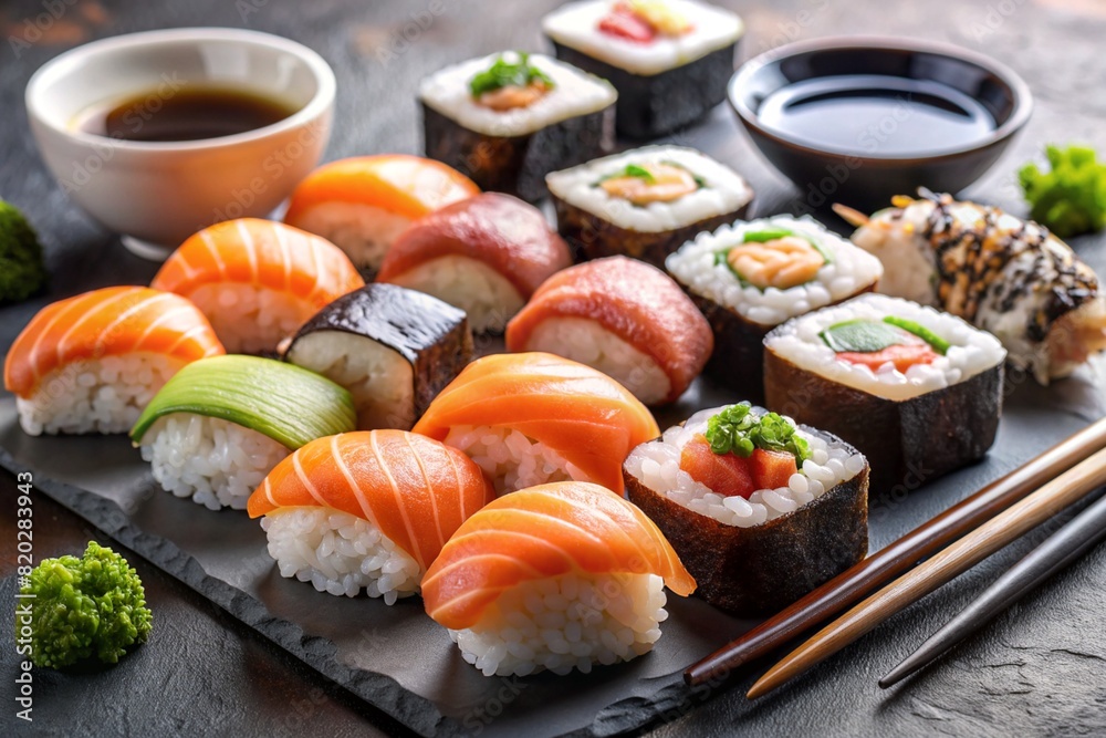 AI generated illustration of a lot of sushi rolls with salmon, nearby wasabi and soy sauce AI generated illustration of a lot of sushi rolls with salmon, nearby wasabi and soy sauce