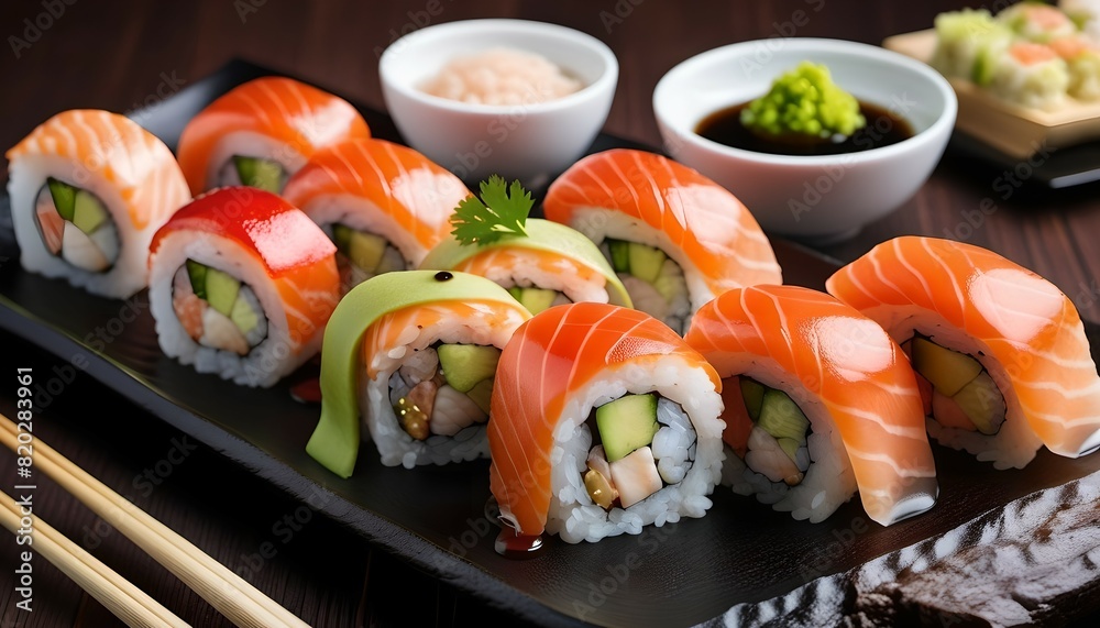 AI generated illustration of assorted sushi with salmon AI generated illustration of assorted sushi with salmon