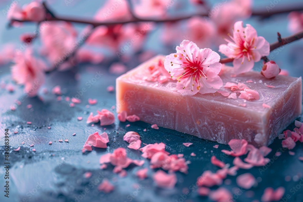 A close-up shot featuring a handmade soap bar accompanied by pink blossoms, evoking notions of spa and self-care with organic products.
A close-up shot featuring a handmade soap bar accompanied by pink blossoms, evoking notions of spa and self-care with organic products.
