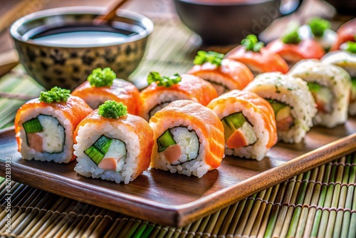 AI generated illustration of a lot of sushi rolls with salmon, nearby wasabi and soy sauce photo