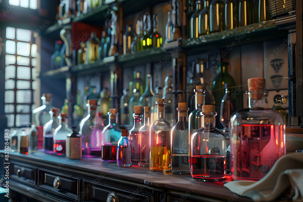Vintage apothecary bottles with colorful liquids