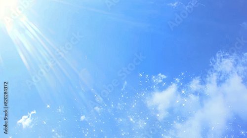 Sparkling Light Blue Sky with Sun Rays and Glittering Stars