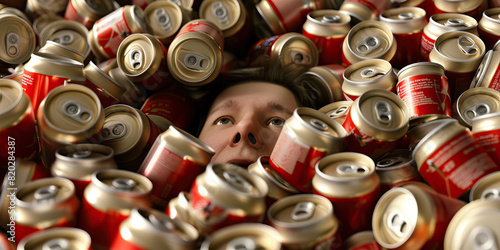 A person seems to disappear into a pile of empty beer cans, their life consumed by addiction.