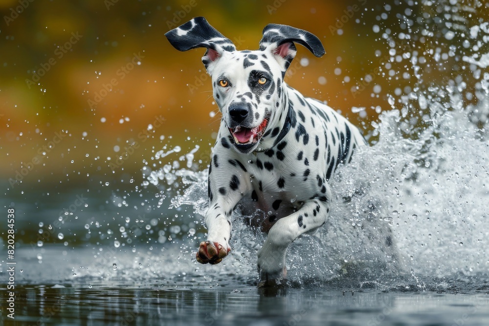 Dalmatian jumps in the water. Pet activity