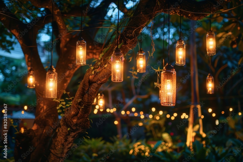 Decorative string lights hang from a tree in the garden, illuminating the night with a warm, enchanting glow.






