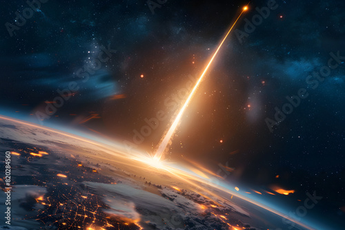 Fiery meteorite entering earth's atmosphere at night