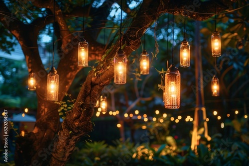 Decorative string lights hang from a tree in the garden  illuminating the night with a warm  enchanting glow.       