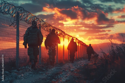 Defocused border guards in uniform patrol along a barbed wire fence, monitoring for illegal crossings by immigrants. Security measures in action. The army protects the country's borders and independen