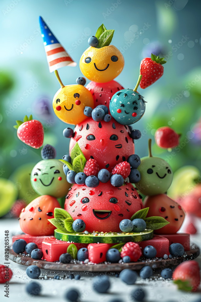 Fun fruit cake with smiling berries and a small American flag, perfect for celebrations.