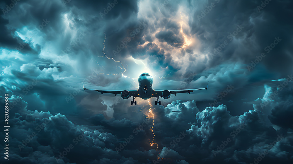 Naklejka premium A plane is flying through a stormy sky with lightning bolts