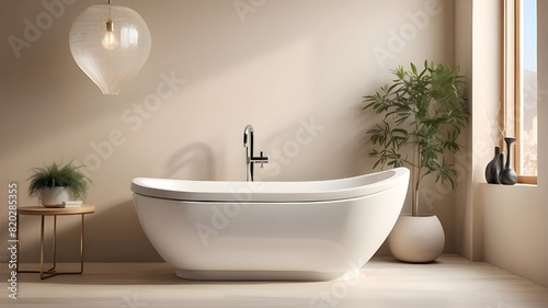 This contemporary  elegant wall-hung toilet bowl features a closed seat with dual flush  a reeded glass divider  a bidet  a tissue paper holder  and a white bathtub set against a beige wall background