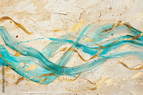 A high-definition abstract painting with fluid turquoise lines and golden brushstrokes on a heavily textured beige canvas, ideal for contemporary murals or cards.