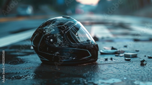 motorcycle helmet on the road, road accident concept. Generative AI realistic