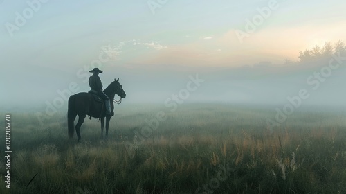 mounted police officer on a horse, open field, early morning fog realistic