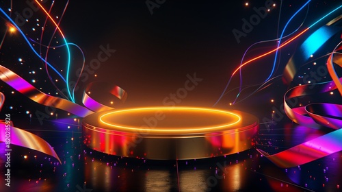 An empty golden podium on a dark black backdrop, surrounded by flowing ribbon elements and illuminated by vibrant neon lights with a soft bokeh effect, creating a luxurious futuristic atmosphere.