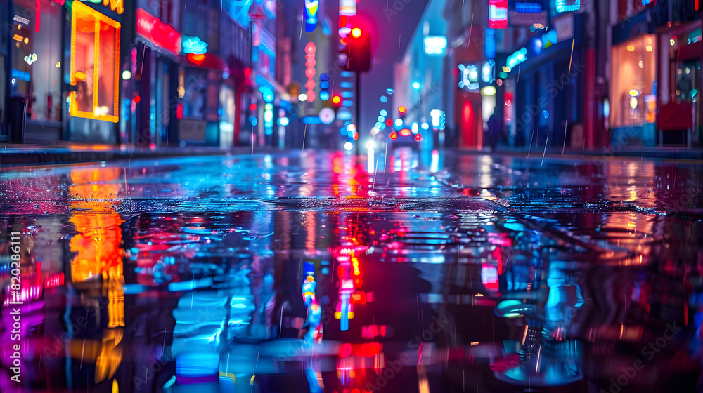 A wet street with reflections of neon lights and people A wet street with reflections of neon lights and people