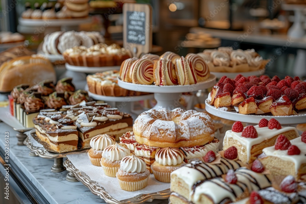 bakery display, delicious pastries and cakes displayed elegantly on a marble table in a charming automated bakery setting